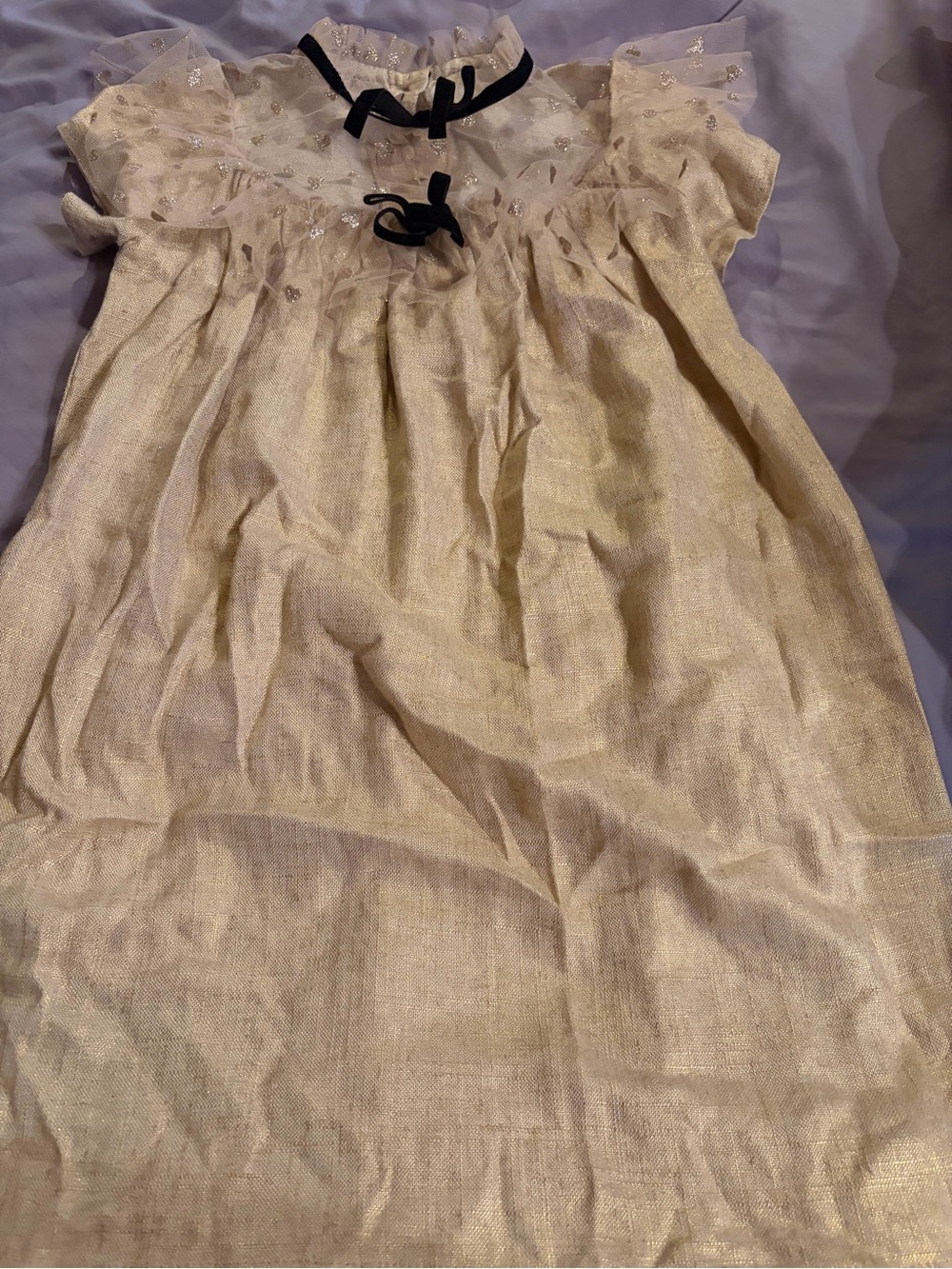 Girls' Cream Metallic Party Dress with Black Bow Accent